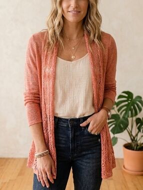 Belldini Shimmer Peach Coral Open-Front Lace Knit Cardigan Sweater Medium